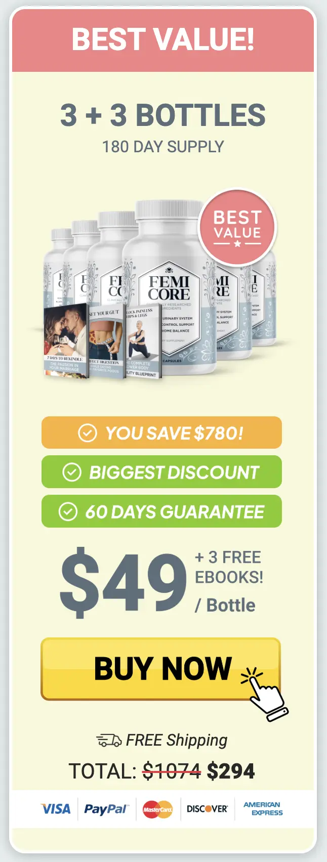 FemiCore 180 day supply 6 bottle best value package